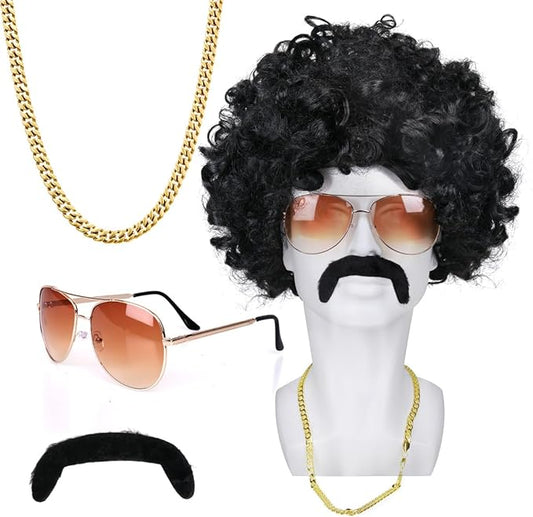Hippie Costumes Afro Wig Hippie Wig Men - Black Wig Sunglasses Necklace Fake Beard - 70s 80s Disco Retro Fancy Dress Men Hippie Accessories Carnival Halloween Wig