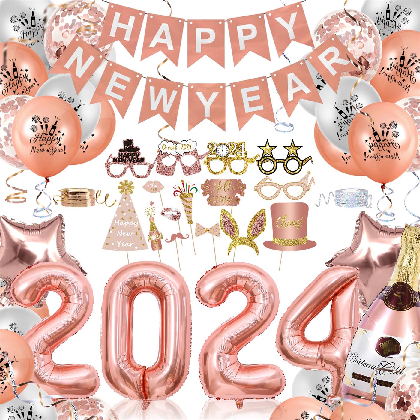 Humairc New Years Eve Decorations 2024 Rose Gold HAPPY NEW YEAR Banner 2024 Balloons 2024 Glasses New Year Photo Booth Props New Year Balloons - Rose Gold Happy New Year Decorations for Adults Kids