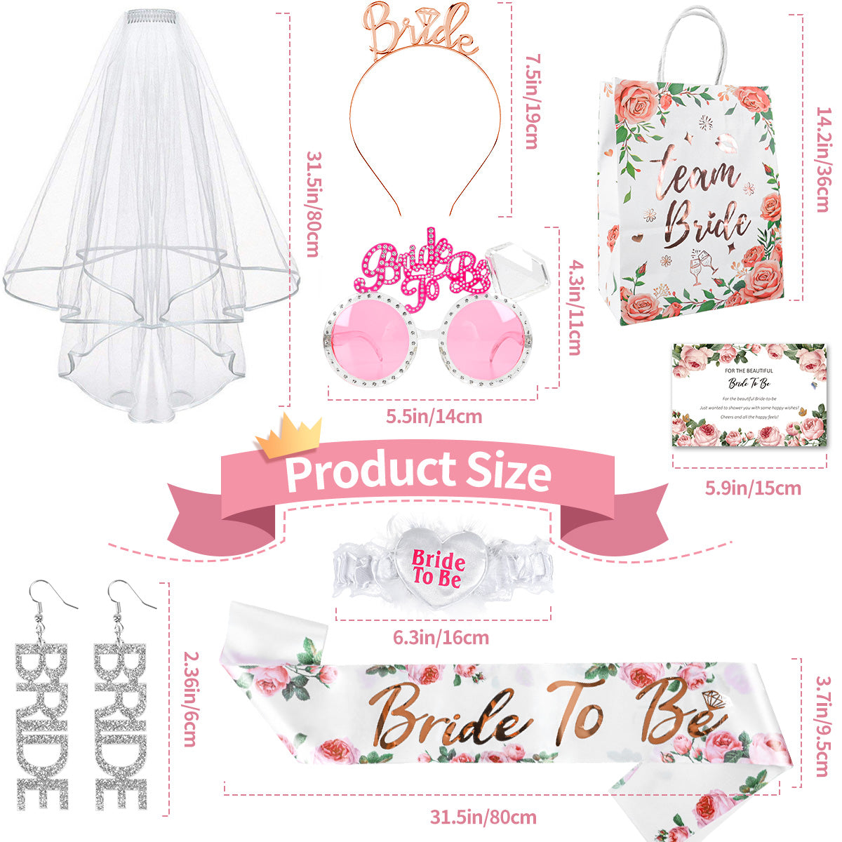 Humairc Hen Party Accessories, 8 Pieces Bridal Accessories, Bridal Veil Headband Bride to Be Glasses Earrings Sash Garter, Bride to Be Accessories Set for Bride Shower, Wedding and Bachelorette Party