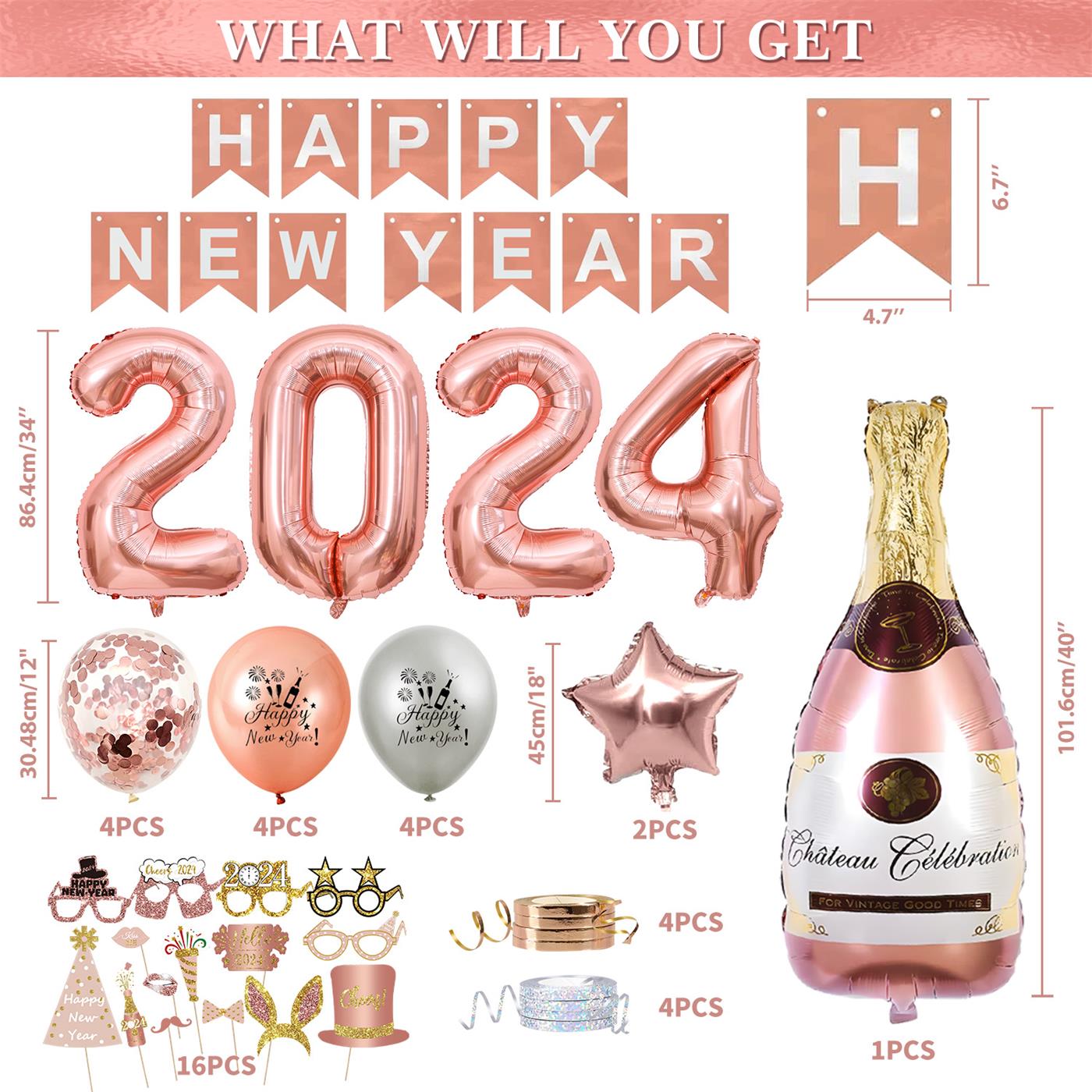 Humairc New Years Eve Decorations 2024 Rose Gold HAPPY NEW YEAR Banner 2024 Balloons 2024 Glasses New Year Photo Booth Props New Year Balloons - Rose Gold Happy New Year Decorations for Adults Kids