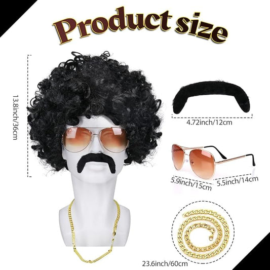 Hippie Costumes Afro Wig Hippie Wig Men - Black Wig Sunglasses Necklace Fake Beard - 70s 80s Disco Retro Fancy Dress Men Hippie Accessories Carnival Halloween Wig