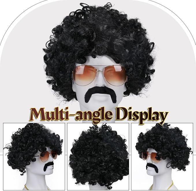 Hippie Costumes Afro Wig Hippie Wig Men - Black Wig Sunglasses Necklace Fake Beard - 70s 80s Disco Retro Fancy Dress Men Hippie Accessories Carnival Halloween Wig