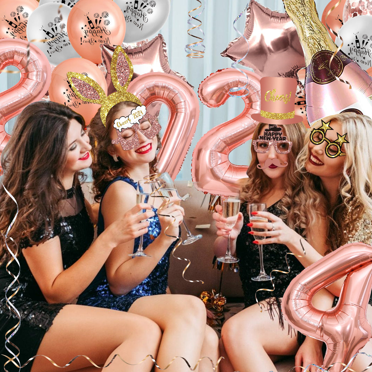 Humairc New Years Eve Decorations 2024 Rose Gold HAPPY NEW YEAR Banner 2024 Balloons 2024 Glasses New Year Photo Booth Props New Year Balloons - Rose Gold Happy New Year Decorations for Adults Kids