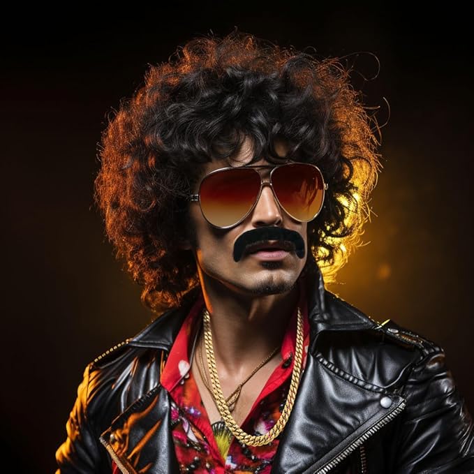 Hippie Costumes Afro Wig Hippie Wig Men - Black Wig Sunglasses Necklace Fake Beard - 70s 80s Disco Retro Fancy Dress Men Hippie Accessories Carnival Halloween Wig