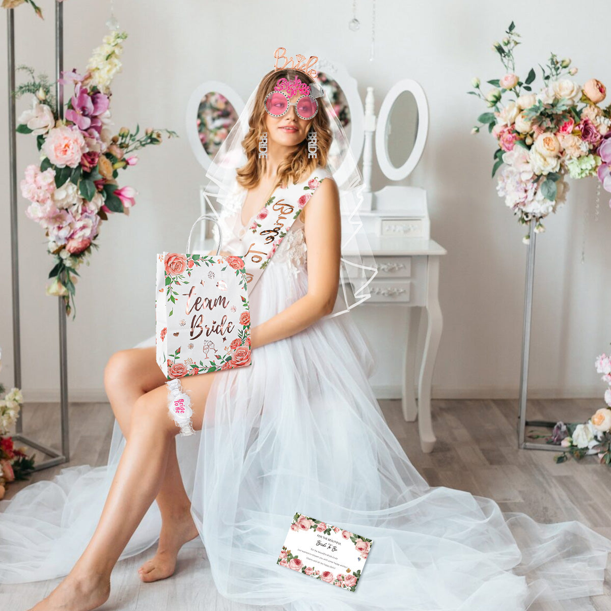 Humairc Hen Party Accessories, 8 Pieces Bridal Accessories, Bridal Veil Headband Bride to Be Glasses Earrings Sash Garter, Bride to Be Accessories Set for Bride Shower, Wedding and Bachelorette Party