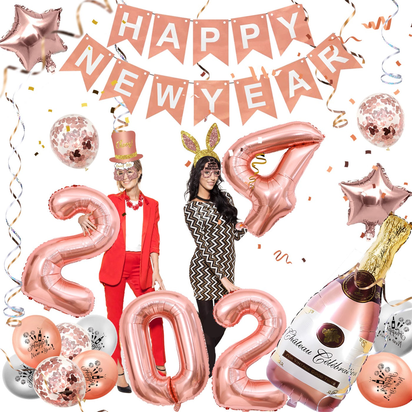 Humairc New Years Eve Decorations 2024 Rose Gold HAPPY NEW YEAR Banner 2024 Balloons 2024 Glasses New Year Photo Booth Props New Year Balloons - Rose Gold Happy New Year Decorations for Adults Kids