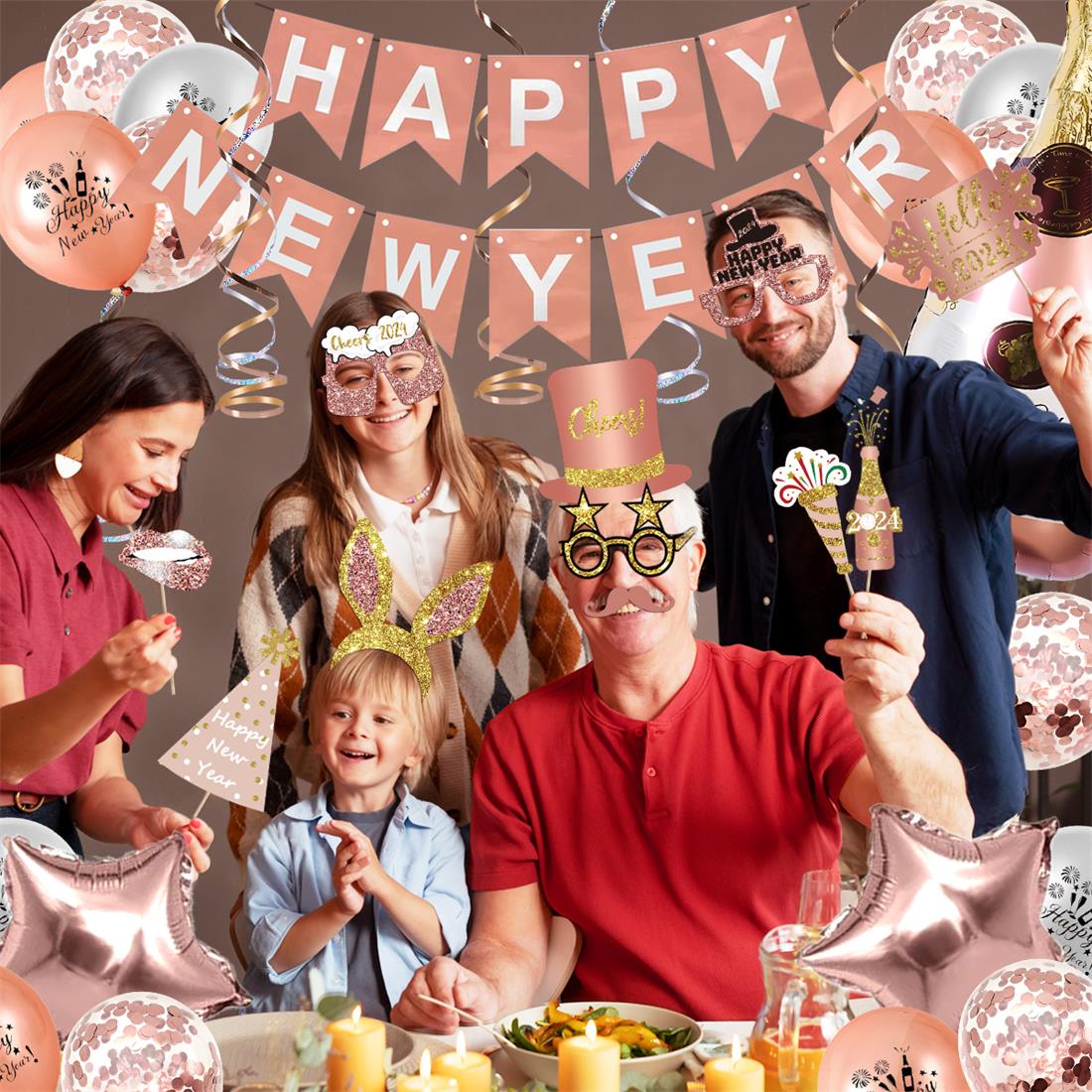Humairc New Years Eve Decorations 2024 Rose Gold HAPPY NEW YEAR Banner 2024 Balloons 2024 Glasses New Year Photo Booth Props New Year Balloons - Rose Gold Happy New Year Decorations for Adults Kids