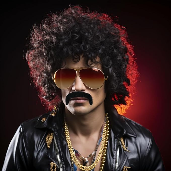 Hippie Costumes Afro Wig Hippie Wig Men - Black Wig Sunglasses Necklace Fake Beard - 70s 80s Disco Retro Fancy Dress Men Hippie Accessories Carnival Halloween Wig