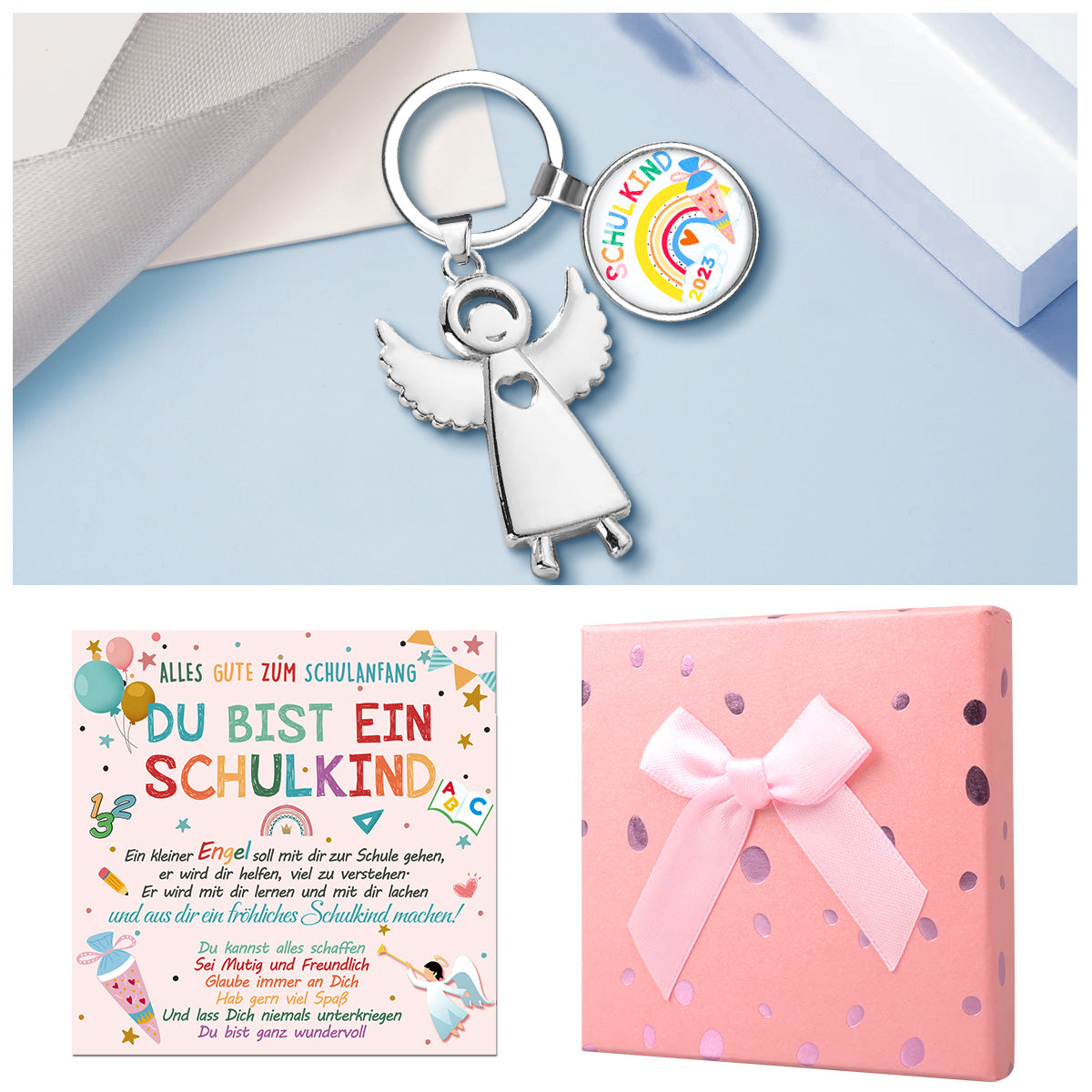 Humairc Einschulung Mädchen Geschenk Schutzengel Schlüsselanhänger Schulkind Schultüte Füllung Schulanfang Glücksbringer Plus Grußkarte Geschenkbox