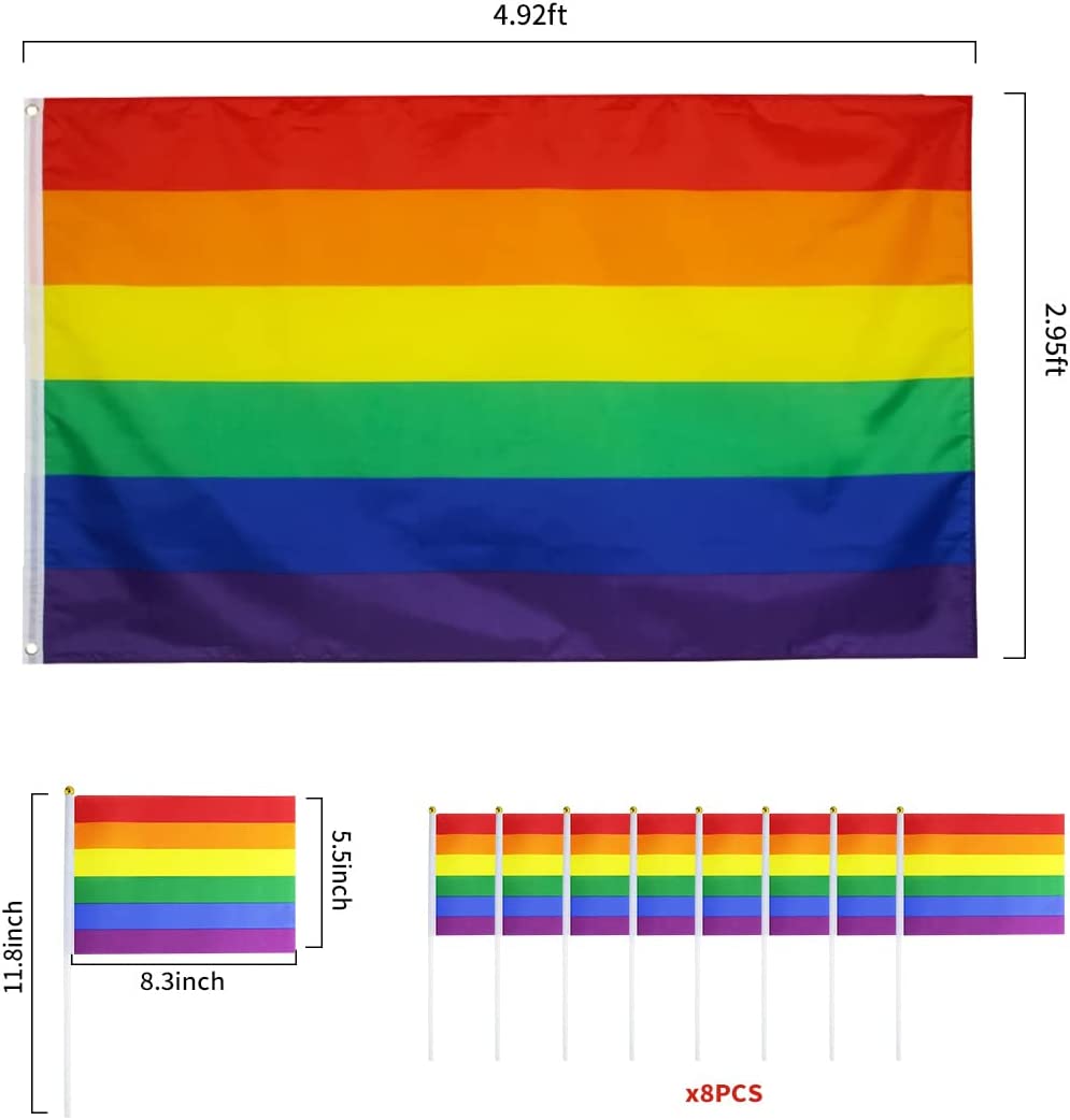 Humairc Pride Flag, LGBT Gay Pride Flag, 90 * 150 cm Big Pride Flag 8 Pcs 14 * 21 cm Proud Hand Waving Flag - Gay Pride Parade Pride Day Decoration