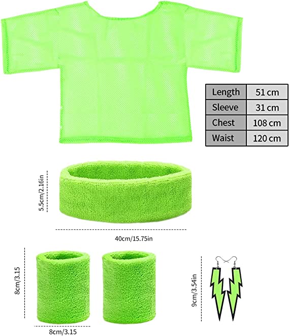 Humairc 80s Fancy Dress for Women, Costume Carnival Costume Halloween Woman 80s Accessories Costume Outfits - Headbands Wristbands 80s XXL T- Shirt Necklace Earrings