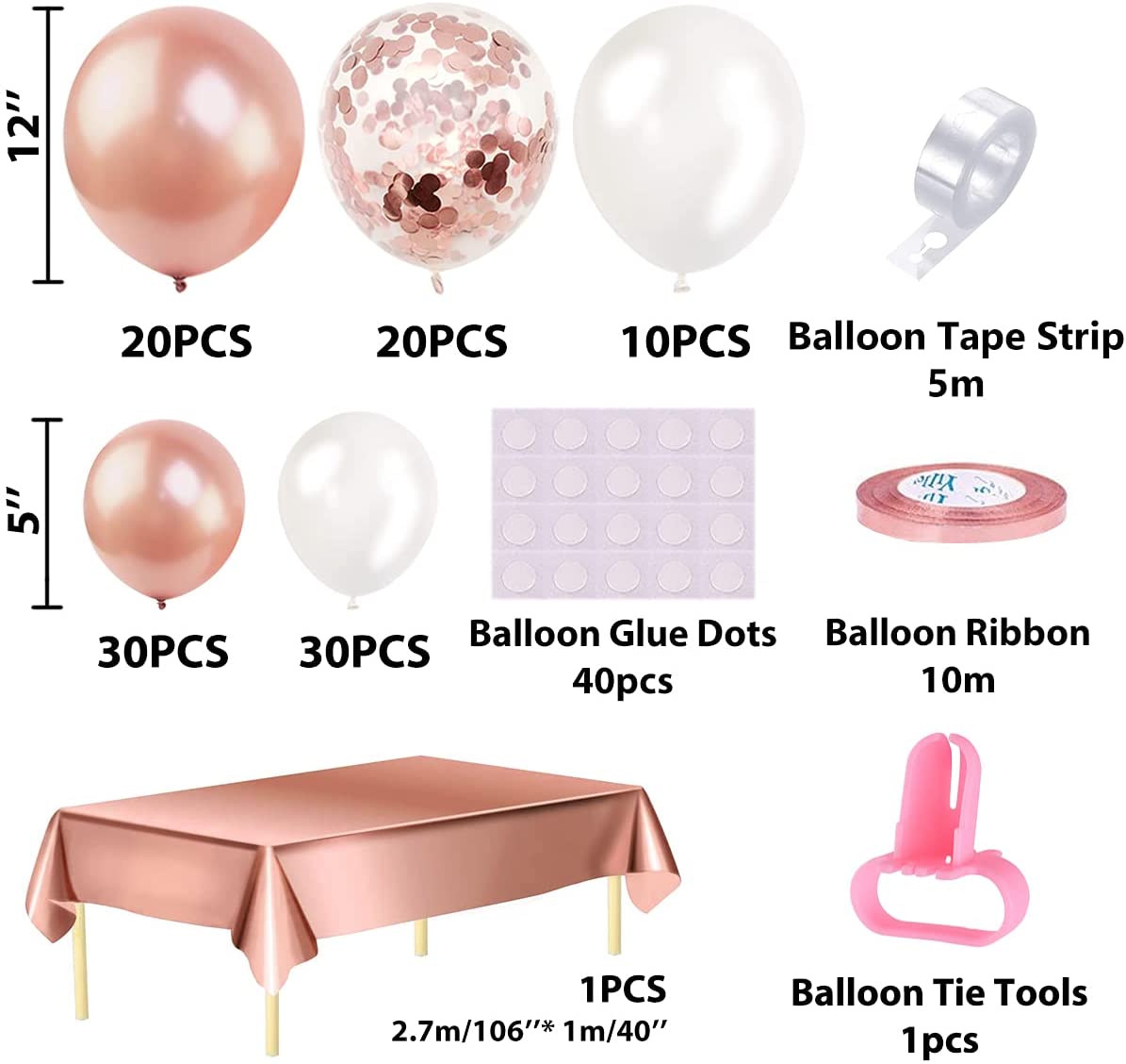 Humairc Rose Gold Balloon Arch Wreath Kit with 50 12" Gold, White, Confetti Balloons, 60 5" Gold and White Balloons, Rose Gold Tablecloth, Comes with Balloon Tie Tool - Decor for Every Occasion