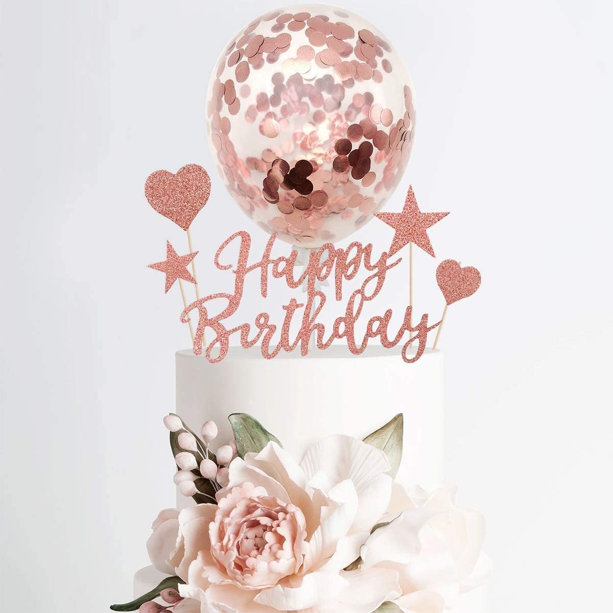 Humairc Rose Gold Cake Toppers, Happy Birthday Cake Toppers Sparkling Rose Gold Balloons Girls Ladies Kids Birthday Party Anniversary Wedding Cake Toppers 22 Pieces