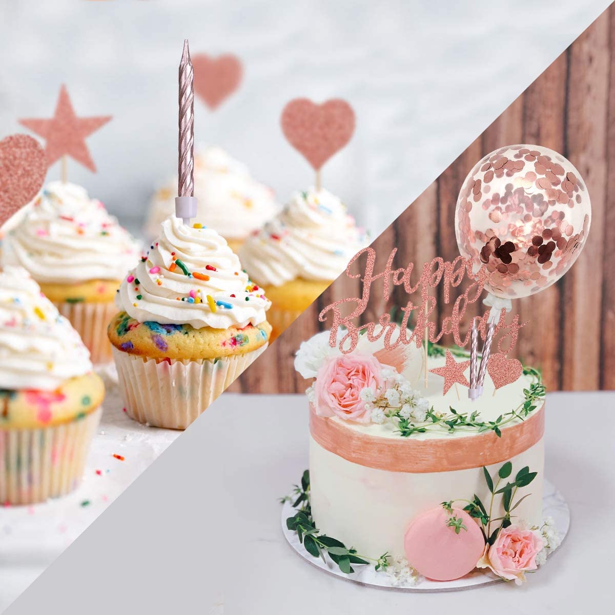 Humairc Rose Gold Candles Cake Decoration Birthday Confetti Balloon Cake Topper Shiny Happy Birthday Garland Hearts Stars Cupcake Topper for Girls Women Kids