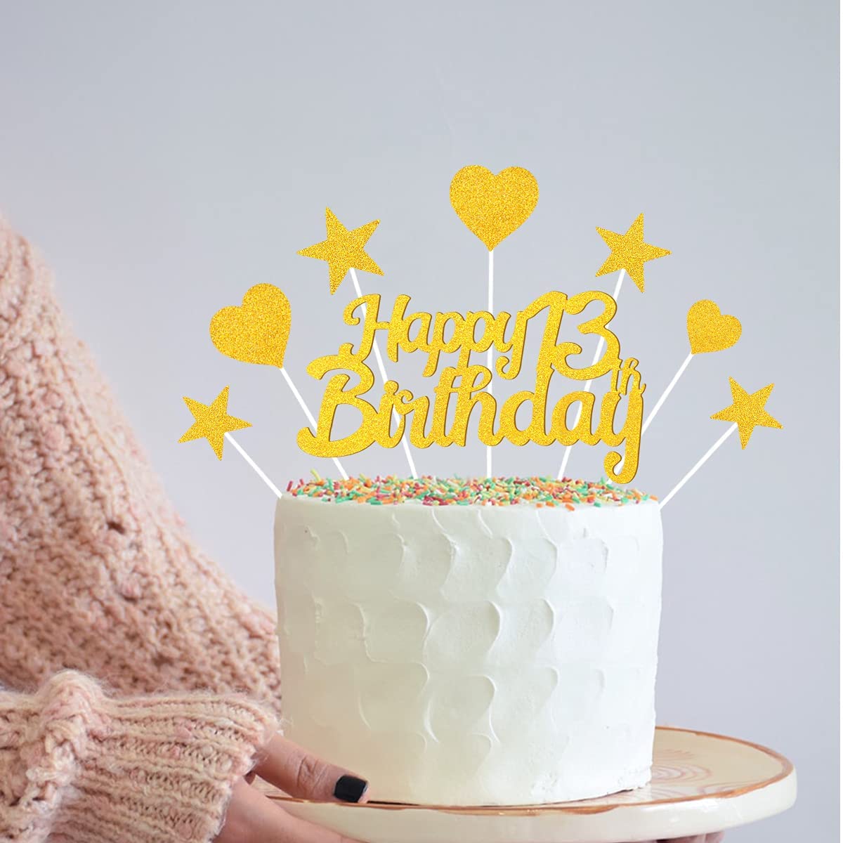 Humairc 13th Cake Toppers Boy, 13th Cake Decorations Girl, Gold Happy Birthday Cupcake Topper Star Heart Topper for Birthday Party Decor - 13 Years Old Birthday Cake Ideas - Men Women