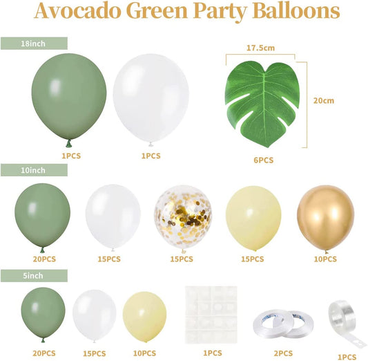 Arche Ballon Vert Sauge Anniversaire Decoration, 132 Pcs Vert Olive Ballon Guirlande, Arche Ballon Jungle avec Ballons Latex Confettis Ballon Vert pour Baby Shower, Decoration Anniversaire, Mariage