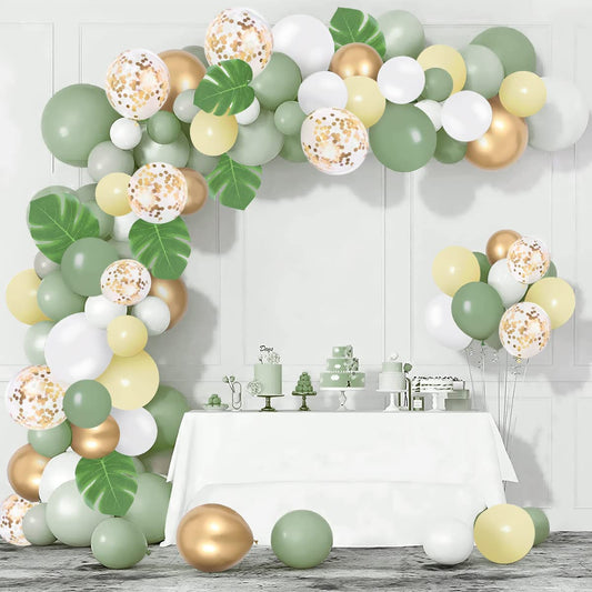 Arche Ballon Vert Sauge Anniversaire Decoration, 132 Pcs Vert Olive Ballon Guirlande, Arche Ballon Jungle avec Ballons Latex Confettis Ballon Vert pour Baby Shower, Decoration Anniversaire, Mariage