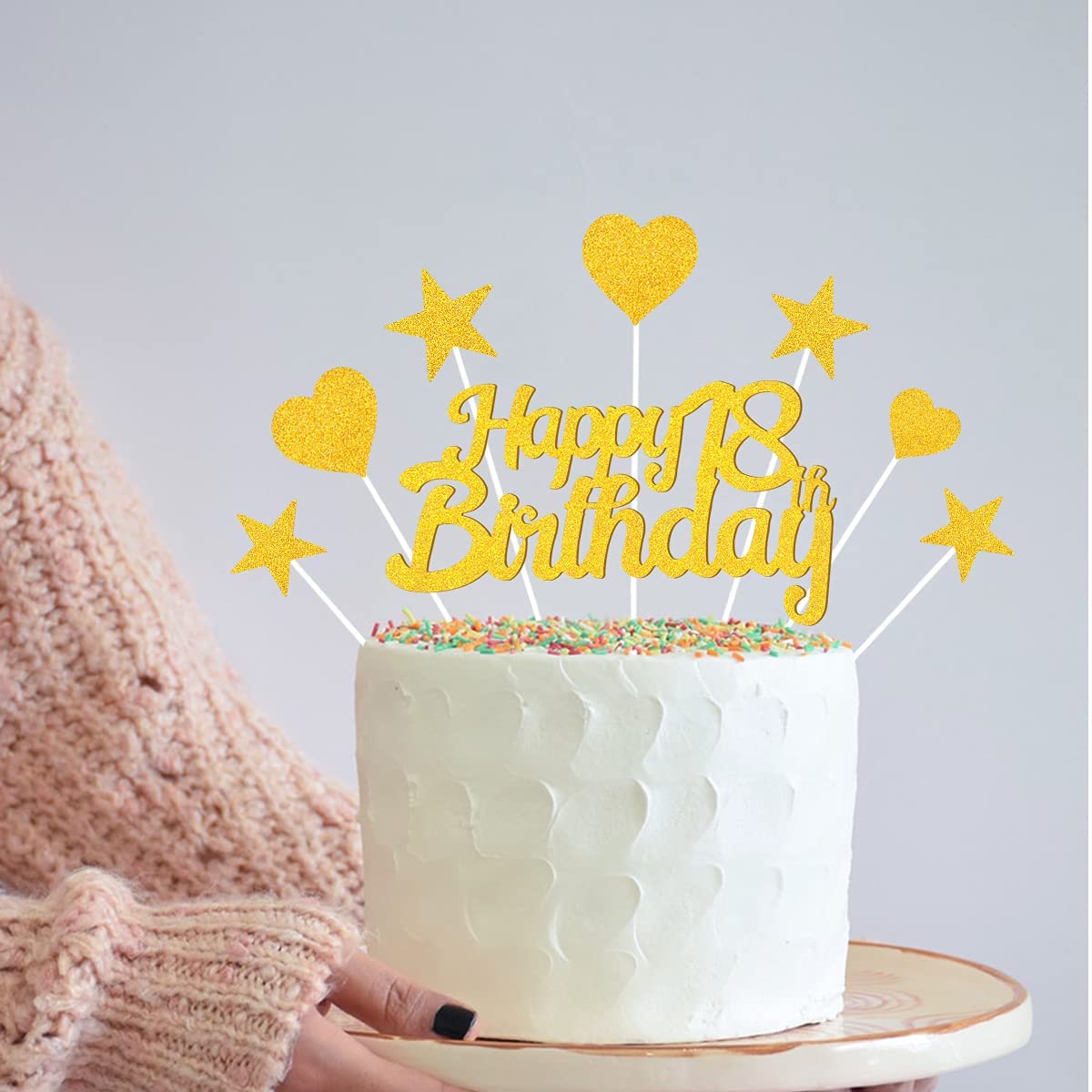 Humairc 18th Cake Toppers Boy, 18th Cake Decorations Girl, Gold Happy Birthday Cupcake Topper Star Heart Topper for Birthday Party Decor - 18 Years Old Birthday Cake Ideas - Men Women