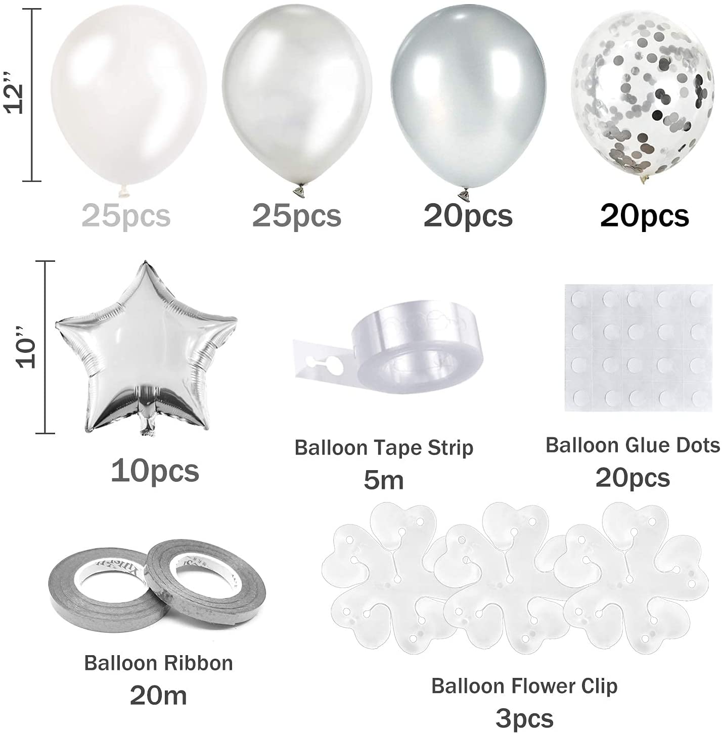 Humairc Silver Balloon Arch Kit Balloon Garland, with Balloon Strip Tape Balloon Tying Tools, 100pcs Ballonn for Girls Women Boys Men Wedding Anniversary Birthday Party Decoration - Arches (Silver)