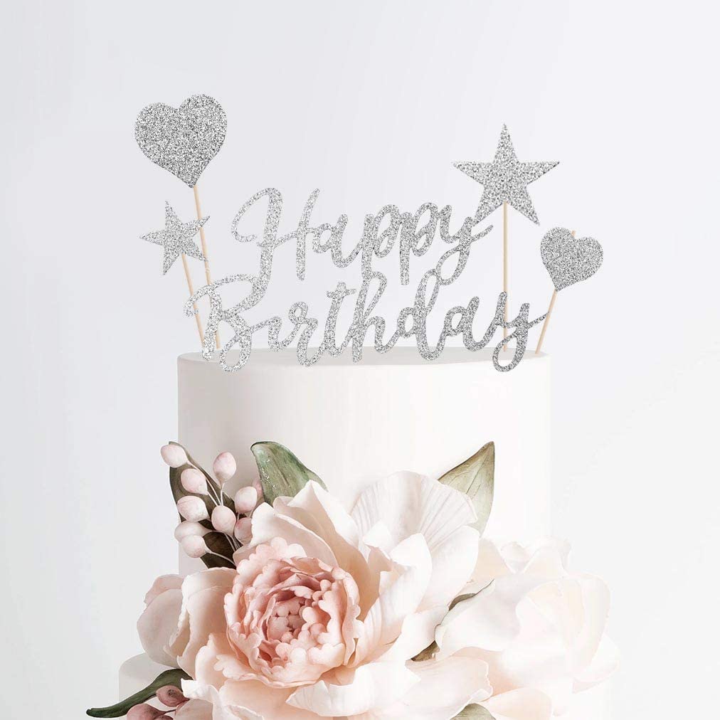 Humairc 2 Sets Silver Cake Topper Happy Birthday Cake Decoration for Girls Women Kids Shiny Silver Birthday Party Anniversary Wedding Cake Topper 22pcs (silver cake decoration)