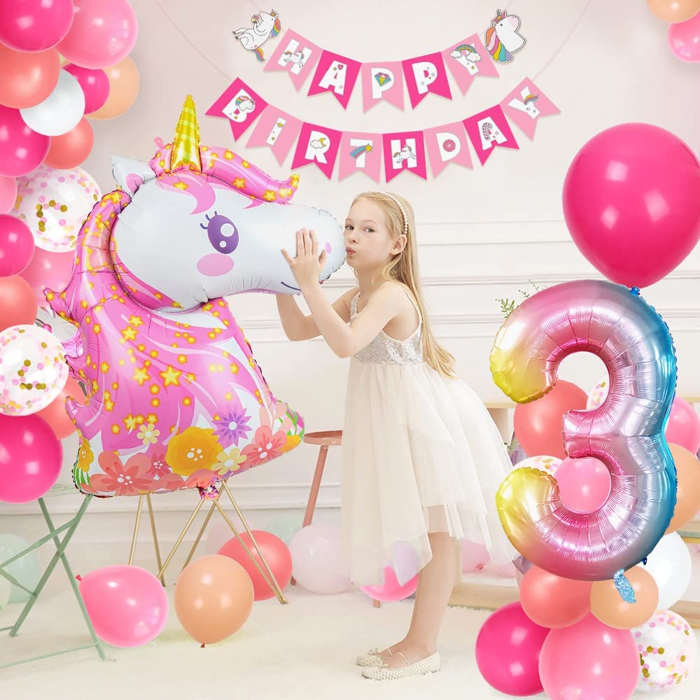 Humairc Decoration Anniversaire Licorne, Deco anniversaire Fille 3 ans Ballon Licorne Nappe Licorne Banderole Joyeux Anniversaire Decoration Gateau Grand Ballon Numéro 3, Cadeau Enfant 3 ans