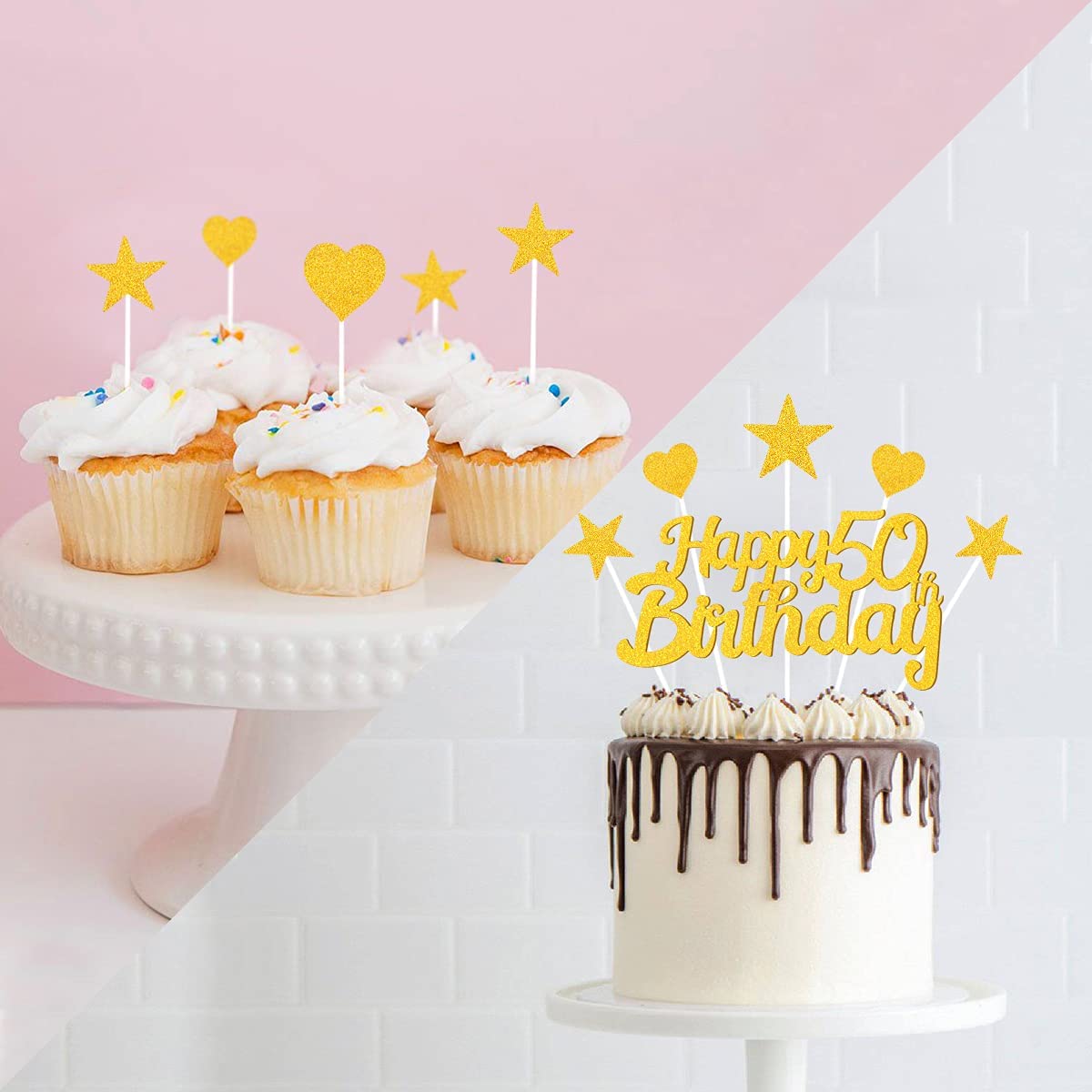 Humairc 50th Cake Toppers Men, 50th Cake Decorations Women, Gold Happy Birthday Cupcake Topper Star Heart Topper for Birthday Party Decor - 50 Years Old Birthday Cake Ideas - Boy Girl