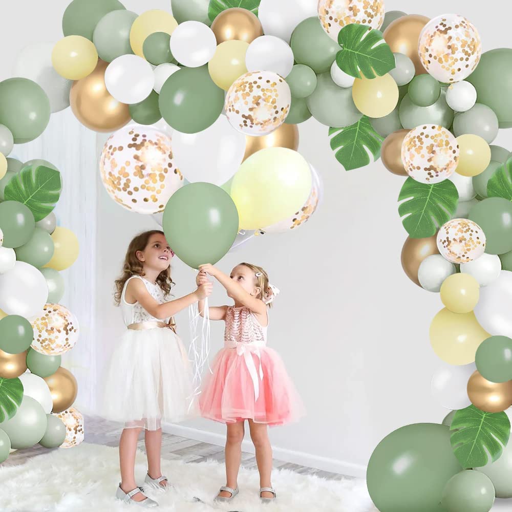 Arche Ballon Vert Sauge Anniversaire Decoration, 132 Pcs Vert Olive Ballon Guirlande, Arche Ballon Jungle avec Ballons Latex Confettis Ballon Vert pour Baby Shower, Decoration Anniversaire, Mariage