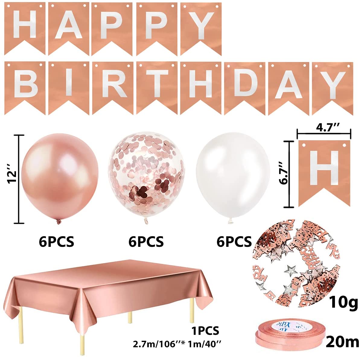 Humirc Rose Gold Birthday Decorations Included Happy Birthday Banner Rose Gold Tablecloth Birthday Balloons Confetti Balloons 10g Dining Table Confetti - Girls Ladies Birthday Party