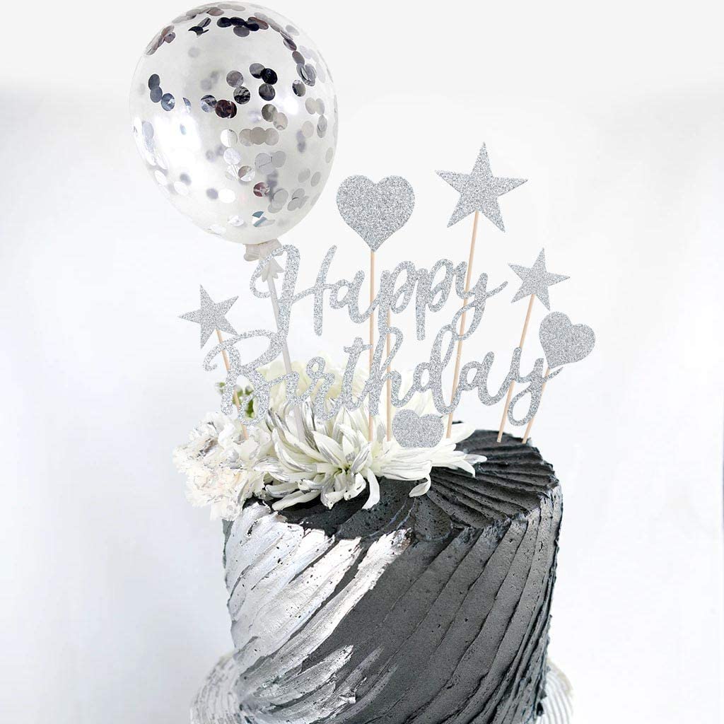 Humairc Silver Cake Topper Silver Confetti Balloon Birthday Cake Decoration Shiny Cupcake Topper for Girls Women Boys Mans Kids Adults Birthday