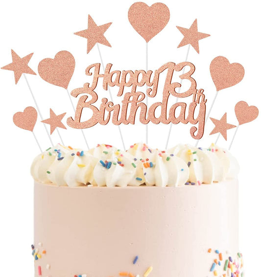 Humairc 13th Rose Gold Cake Decorations Happy Birthday Cake Topper for Girls Women Kids, Cupcake Topper for Shiny Rose Gold Birthday Party Cake Decorating