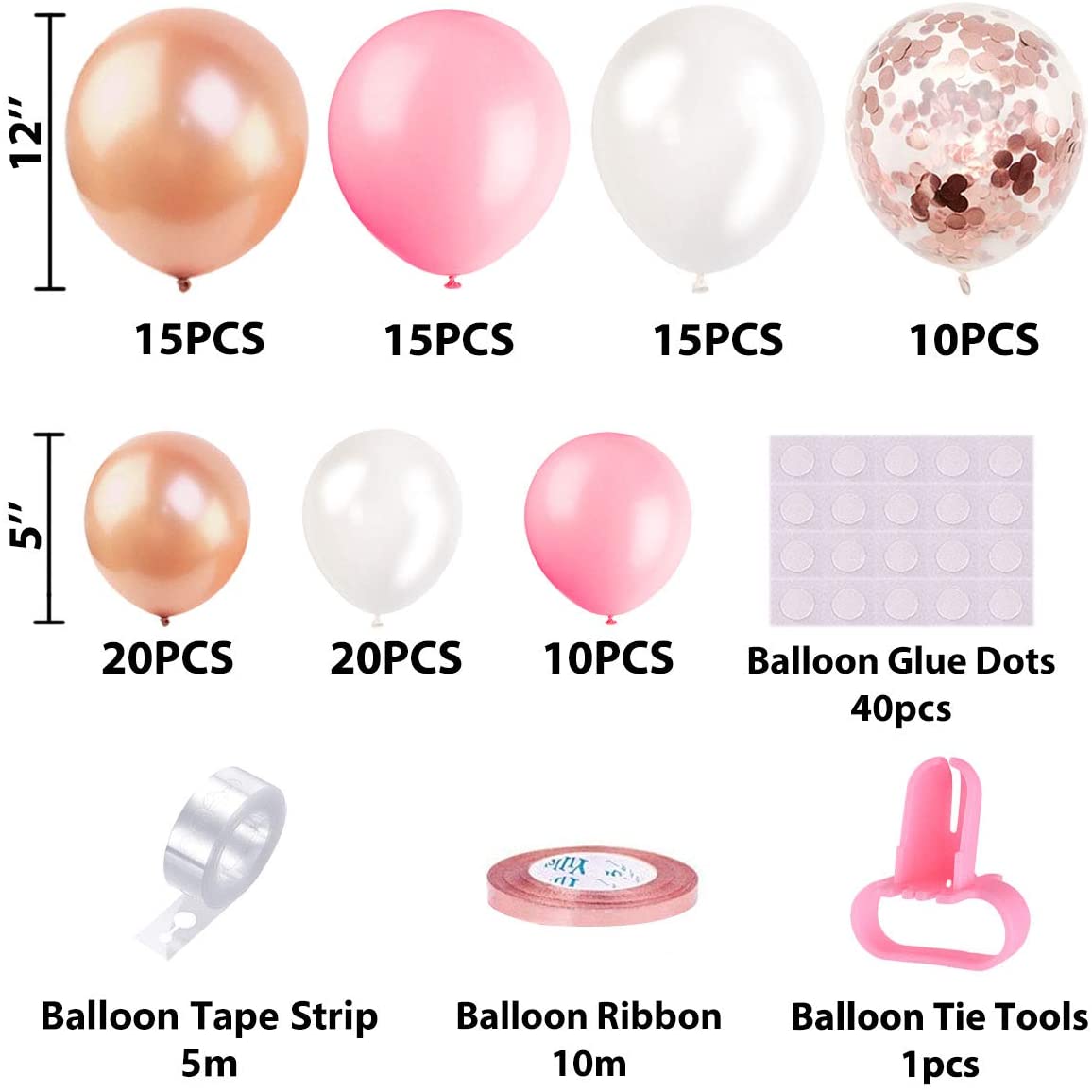 Humairc Rose Gold and Lovely Pink Balloon Arch Kit with Lovely Pink, Dazzling Gold, Pearl White Balloons, Confetti Balloons, Tape, Comes with DIY Tools - Birthday Party and Wedding Decorations