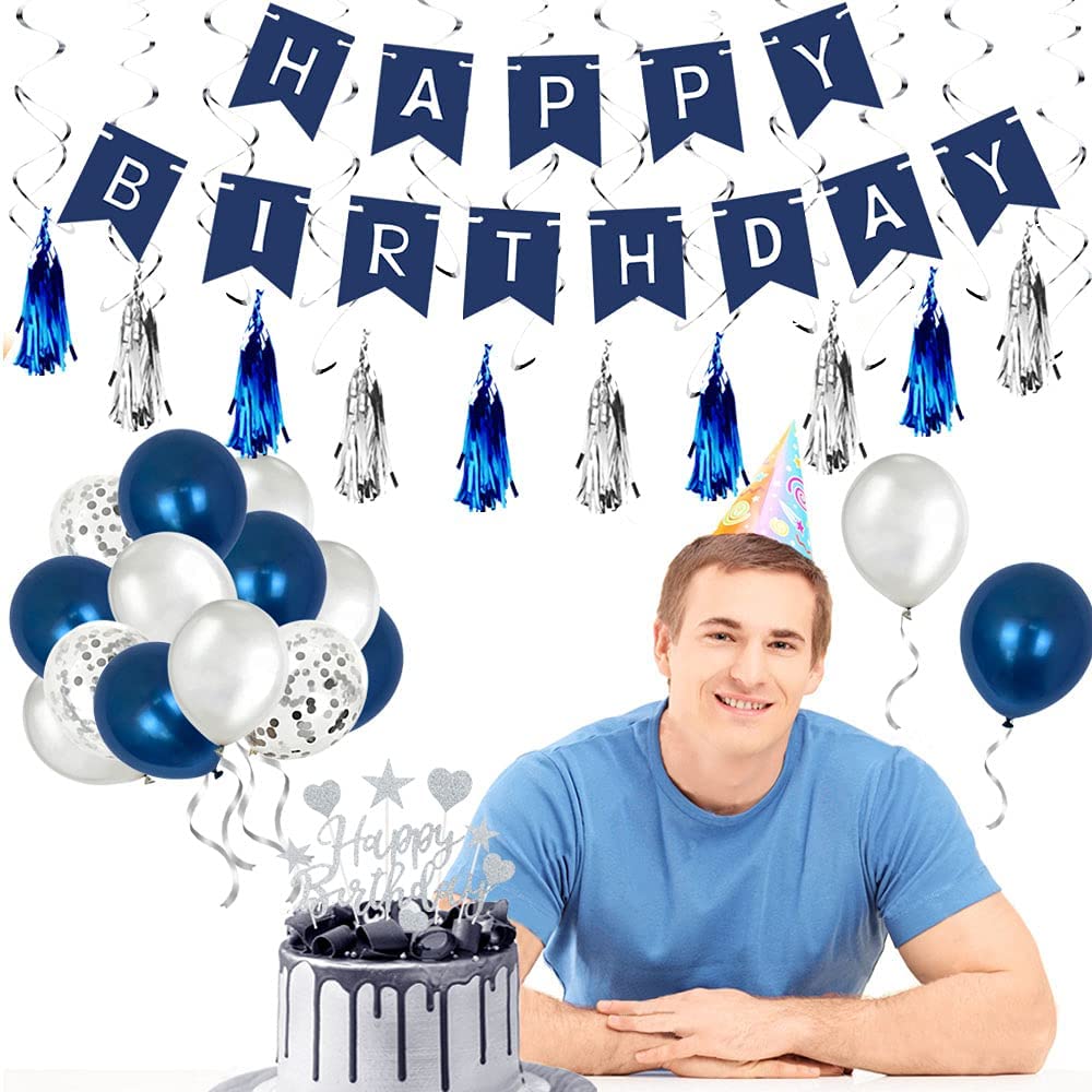 Humairc Mens Birthday Decorations Set with Happy Birthday Banner, Blue and Silver Balloons, Confetti Balloons, Paper Balls, Cake Toppers, Hanging Silver Swirls, Streamer Tassels