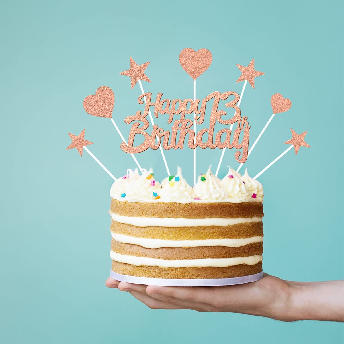 Humairc 13th Rose Gold Cake Decorations Happy Birthday Cake Topper for Girls Women Kids, Cupcake Topper for Shiny Rose Gold Birthday Party Cake Decorating