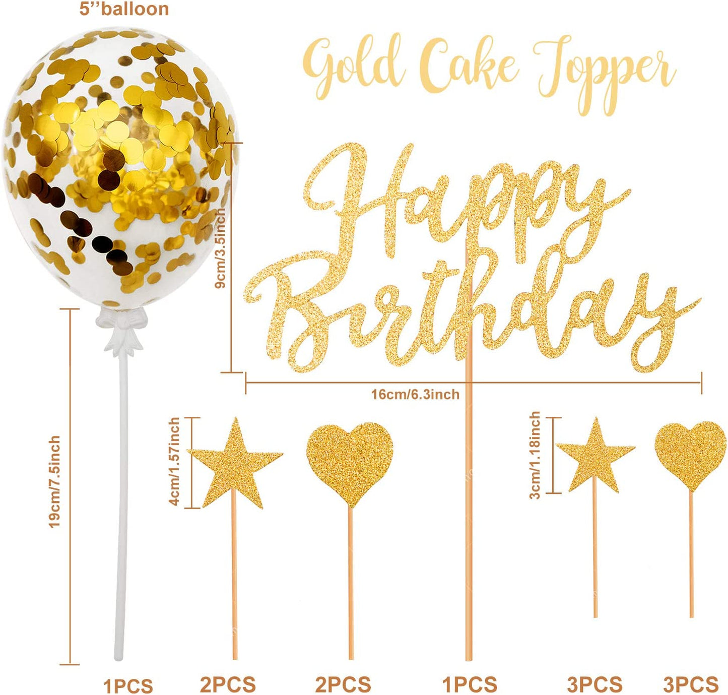 Humairc Cake Topper Gold Confetti Balloon Birthday Cake Decoration Shiny Cupcake Topper for Girls Women Boys Mans Kids Adults Birthday