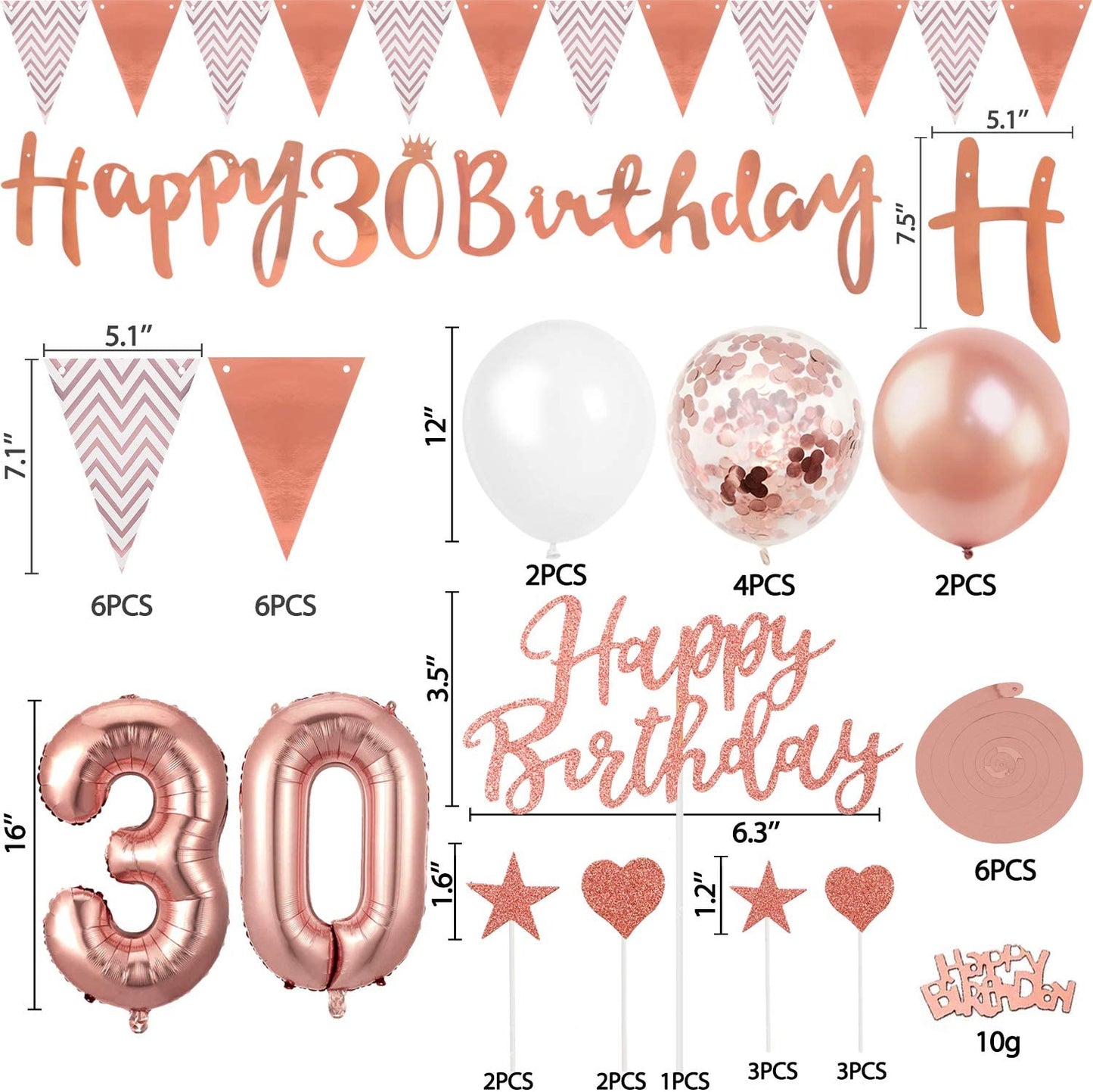 Humairc 30th Rose Gold Birthday Decorations, 30th Happy Birthday Banner Triangle Flag Banners 6pcs Hanging Swirl, Number 30 Balloons 8pcs Latex Balloons Cake Toppers Table Confetti for Women