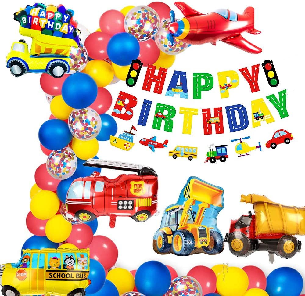 Humairc Car Transport Birthday Balloons Decoration Kit, Happy Birthday Auto Banner Engineering Car School Bus Fire Truck Airplane Cake Decoration - Kids Transport Themed Party