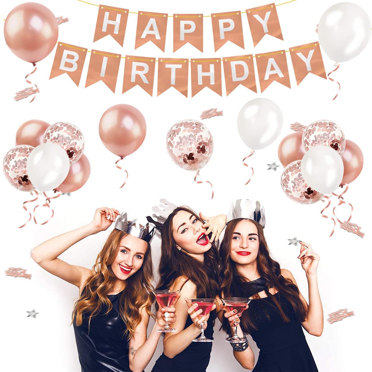 Humirc Rose Gold Birthday Decorations Included Happy Birthday Banner Rose Gold Tablecloth Birthday Balloons Confetti Balloons 10g Dining Table Confetti - Girls Ladies Birthday Party