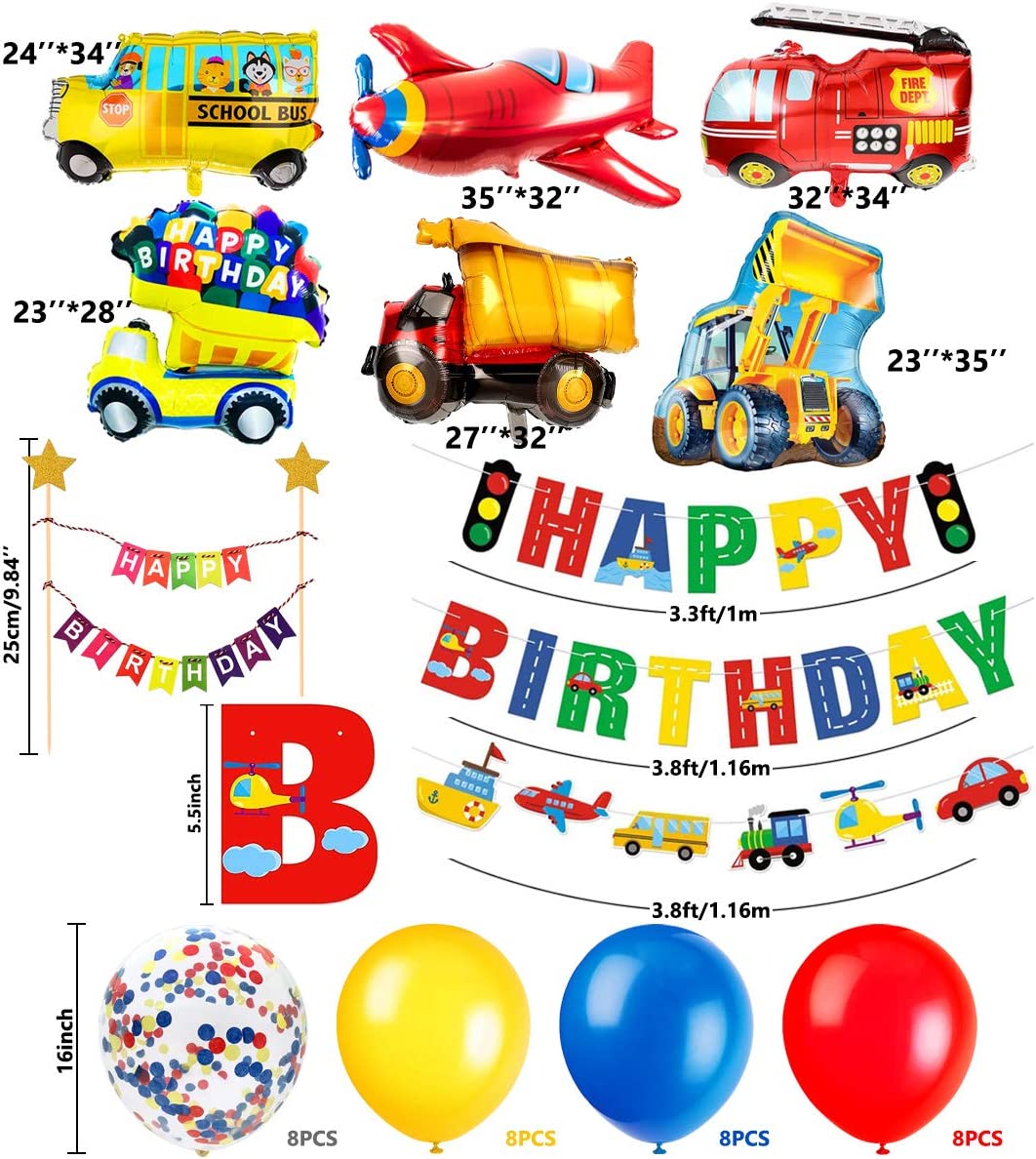 Humairc Car Transport Birthday Balloons Decoration Kit, Happy Birthday Auto Banner Engineering Car School Bus Fire Truck Airplane Cake Decoration - Kids Transport Themed Party