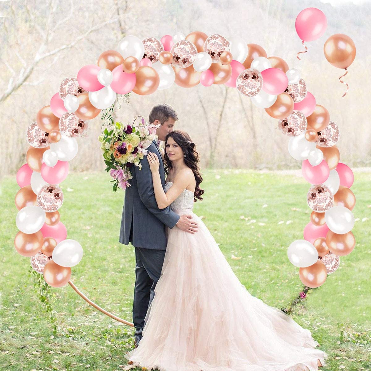 Humairc Rose Gold and Lovely Pink Balloon Arch Kit with Lovely Pink, Dazzling Gold, Pearl White Balloons, Confetti Balloons, Tape, Comes with DIY Tools - Birthday Party and Wedding Decorations