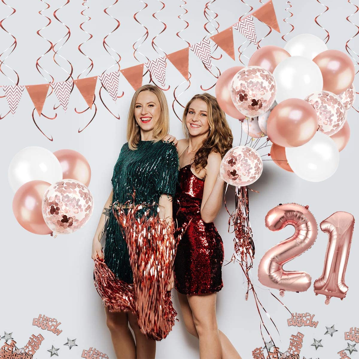 Humairc 21st Rose Gold Birthday Decorations, 21st Happy Birthday Banner Triangle Flag Banners 6pcs Hanging Swirl, Number 21 Balloons 8pcs Latex Balloons Cake Toppers Table Confetti for Women Girls