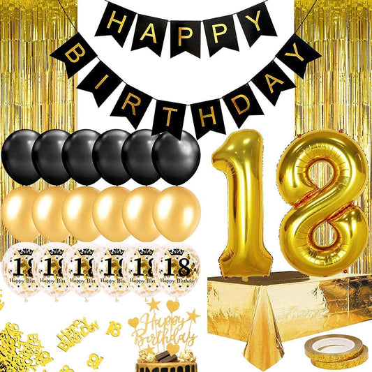 Humairc 18th Black Gold Birthday Party Decoration Happy Birthday Banner Number 18 40inch 2 Fringe Curtain Foil Tablecloth Confetti Balloon Cake Topper Table Confetti Kids Adult Man Woman