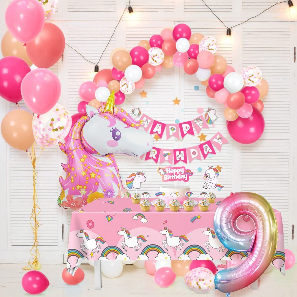 Humairc Decoration Anniversaire Licorne, Deco anniversaire Fille 9 ans Ballon Licorne Nappe Licorne Banderole Joyeux Anniversaire Decoration Gateau Grand Ballon Numéro 9, Cadeau Enfant 9 ans