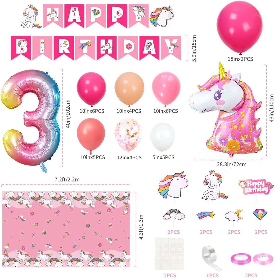Humairc Decoration Anniversaire Licorne, Deco anniversaire Fille 3 ans Ballon Licorne Nappe Licorne Banderole Joyeux Anniversaire Decoration Gateau Grand Ballon Numéro 3, Cadeau Enfant 3 ans