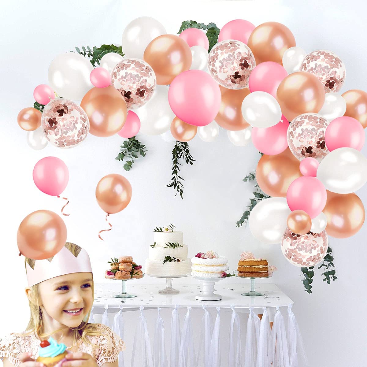 Humairc Rose Gold and Lovely Pink Balloon Arch Kit with Lovely Pink, Dazzling Gold, Pearl White Balloons, Confetti Balloons, Tape, Comes with DIY Tools - Birthday Party and Wedding Decorations