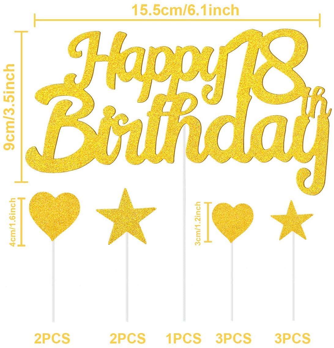 Humairc 18th Cake Toppers Boy, 18th Cake Decorations Girl, Gold Happy Birthday Cupcake Topper Star Heart Topper for Birthday Party Decor - 18 Years Old Birthday Cake Ideas - Men Women