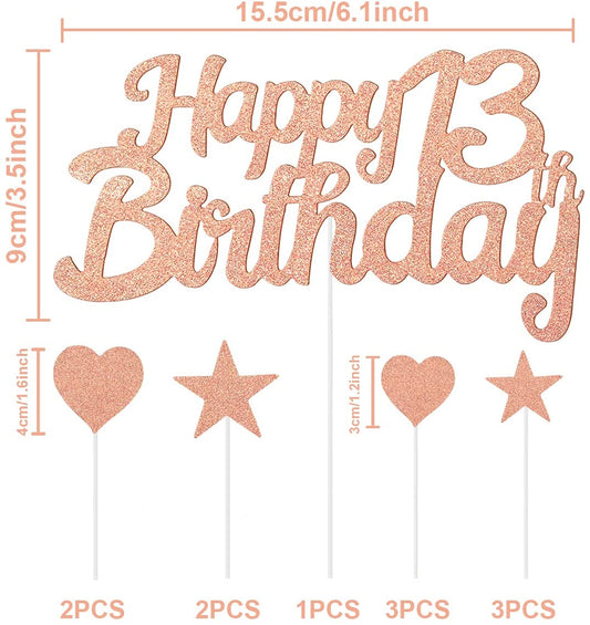 Humairc 13th Rose Gold Cake Decorations Happy Birthday Cake Topper for Girls Women Kids, Cupcake Topper for Shiny Rose Gold Birthday Party Cake Decorating