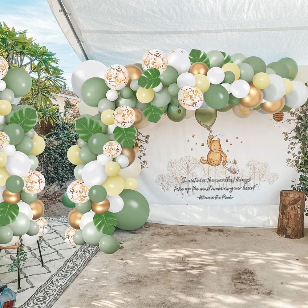 Arche Ballon Vert Sauge Anniversaire Decoration, 132 Pcs Vert Olive Ballon Guirlande, Arche Ballon Jungle avec Ballons Latex Confettis Ballon Vert pour Baby Shower, Decoration Anniversaire, Mariage