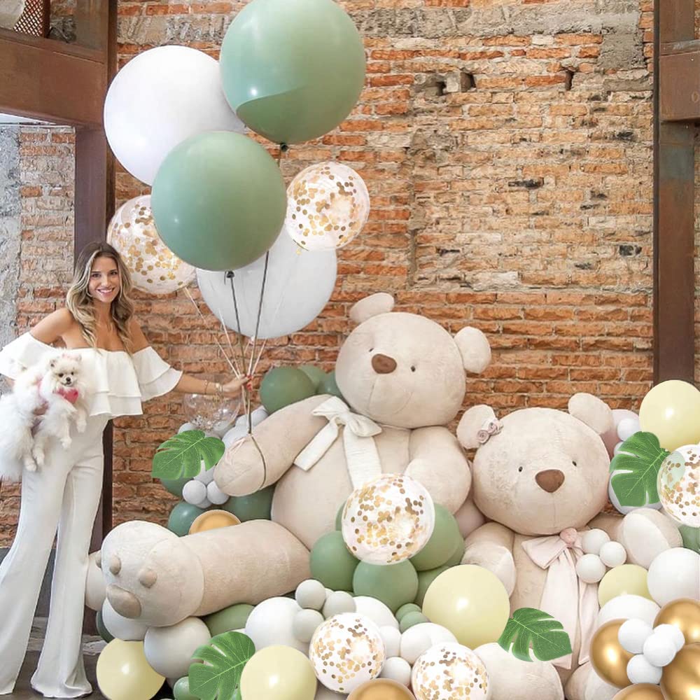 Arche Ballon Vert Sauge Anniversaire Decoration, 132 Pcs Vert Olive Ballon Guirlande, Arche Ballon Jungle avec Ballons Latex Confettis Ballon Vert pour Baby Shower, Decoration Anniversaire, Mariage