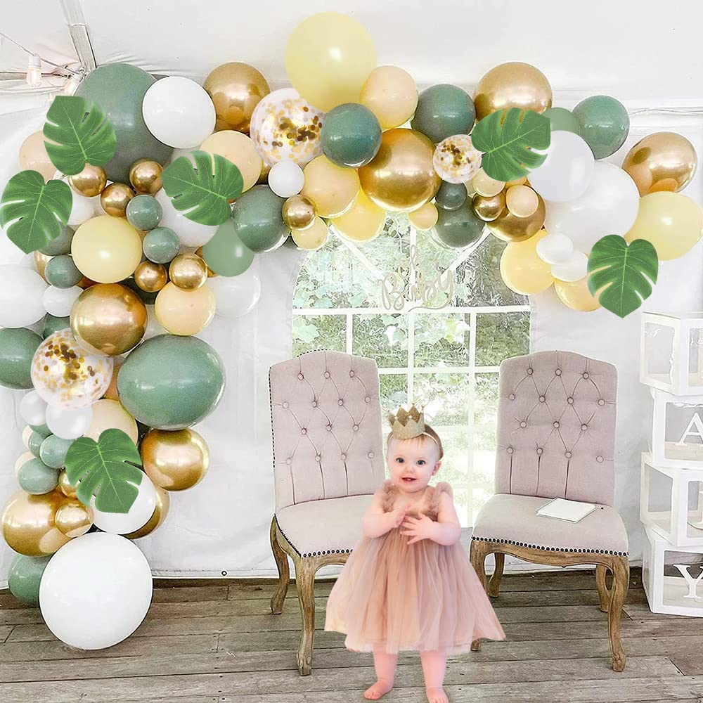 Arche Ballon Vert Sauge Anniversaire Decoration, 132 Pcs Vert Olive Ballon Guirlande, Arche Ballon Jungle avec Ballons Latex Confettis Ballon Vert pour Baby Shower, Decoration Anniversaire, Mariage