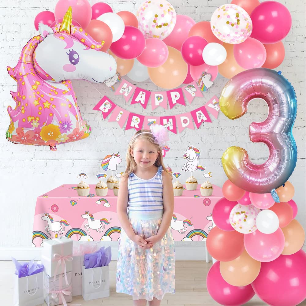 Humairc Decoration Anniversaire Licorne, Deco anniversaire Fille 3 ans Ballon Licorne Nappe Licorne Banderole Joyeux Anniversaire Decoration Gateau Grand Ballon Numéro 3, Cadeau Enfant 3 ans